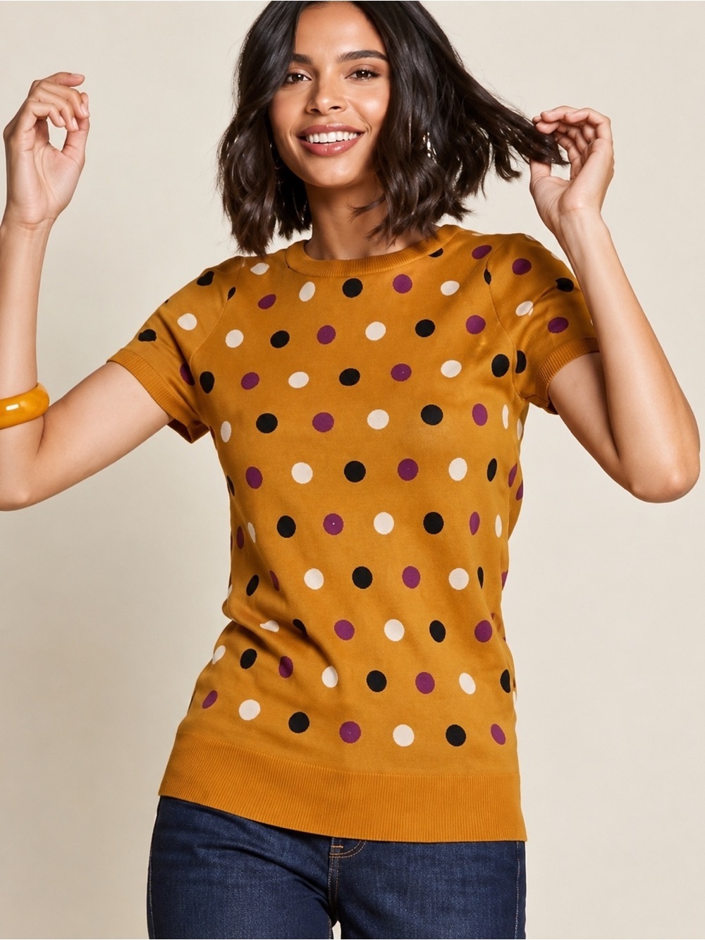 ModCloth Polka Dot Intarsia Sweater XL Mustard Riverdale Veronica Lodge Top